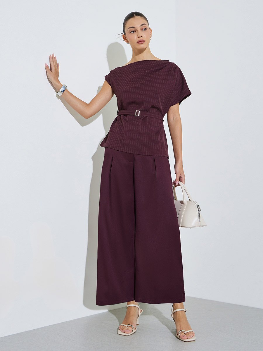 Burgundy Pinstripe Blouse with Belt