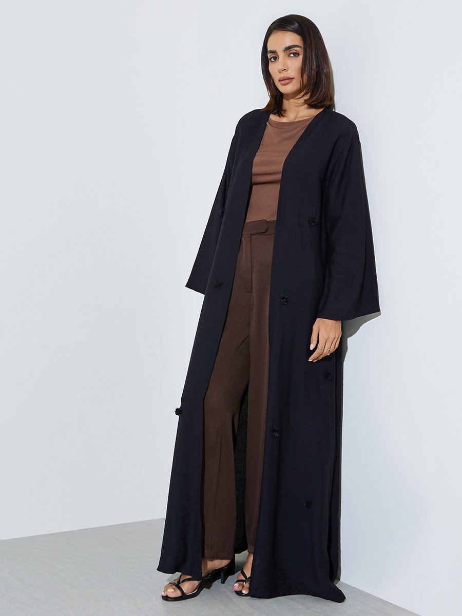 Black Floral Embroidered Open Front Abaya