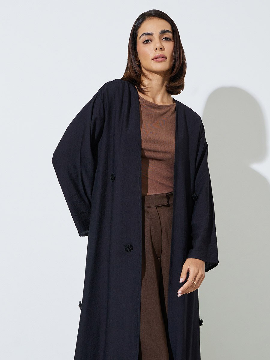 Black Floral Embroidered Open Front Abaya