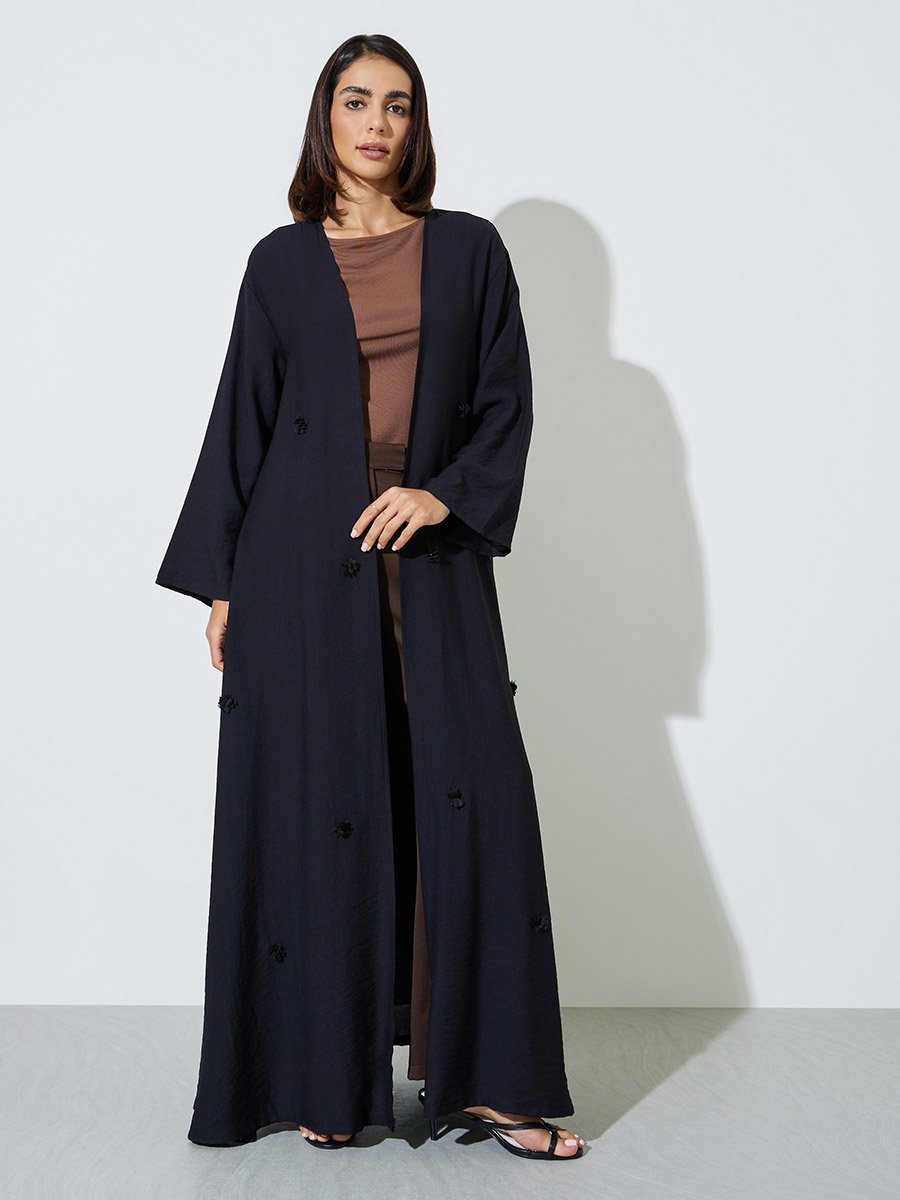 Black Floral Embroidered Open Front Abaya