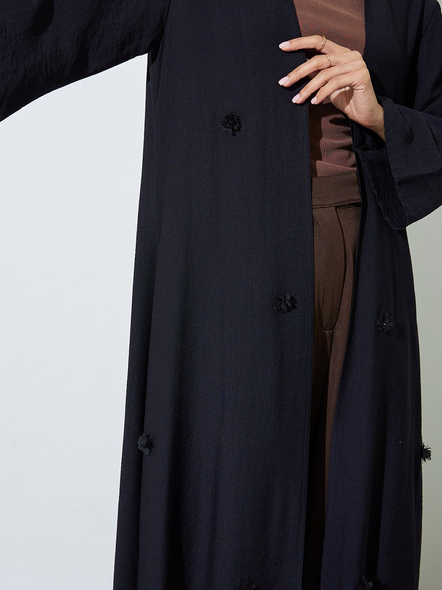 Black Floral Embroidered Open Front Abaya