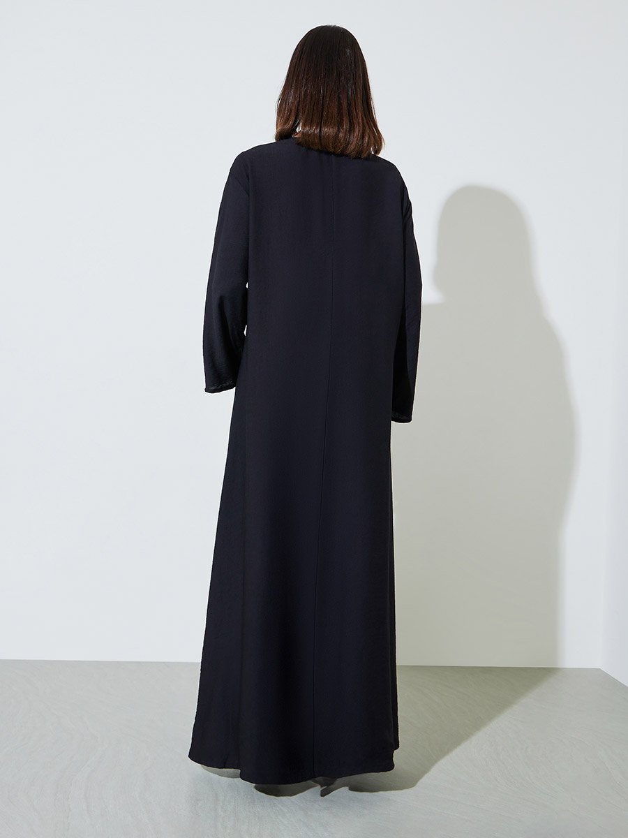 Black Floral Embroidered Open Front Abaya