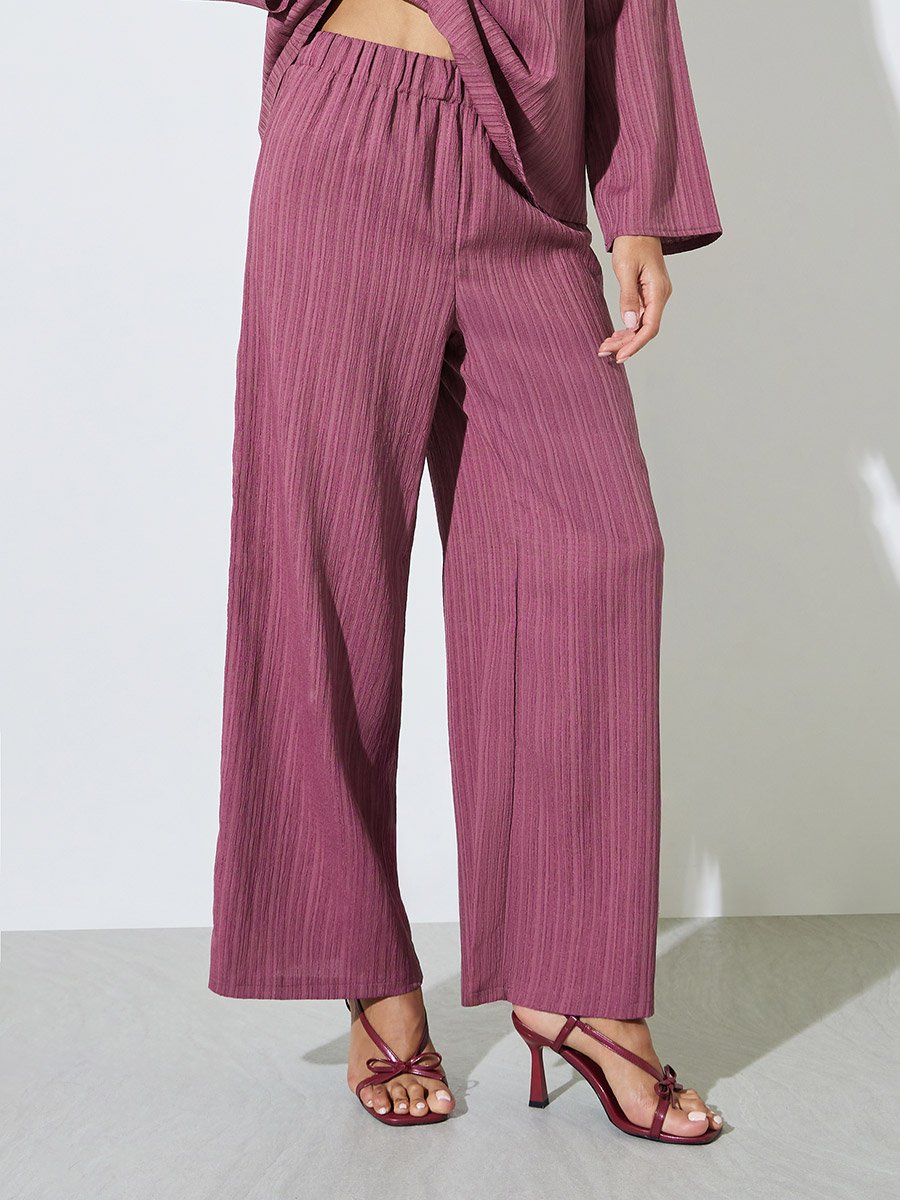 Burgundy Textured Long Top and Wide-Leg Trousers Modest Set