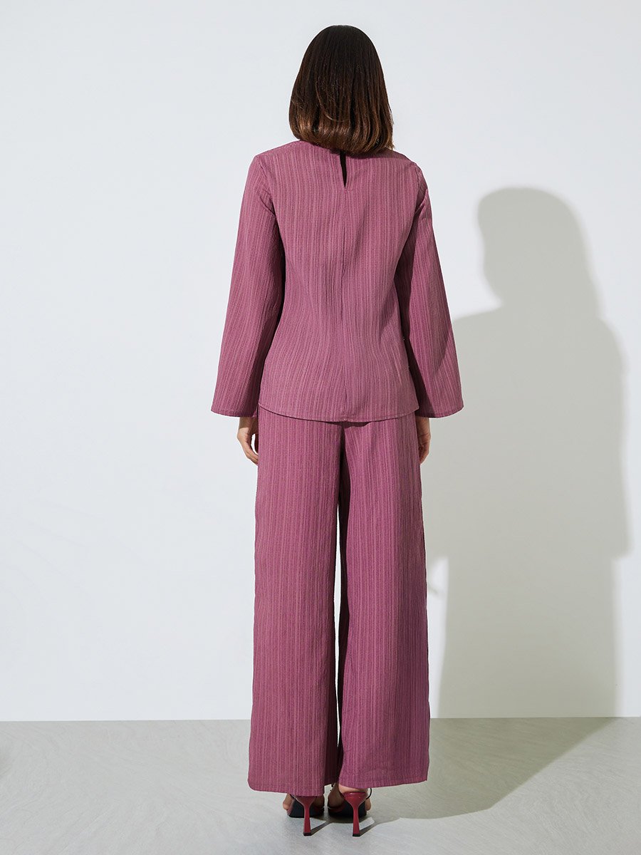 Burgundy Textured Long Top and Wide-Leg Trousers Modest Set