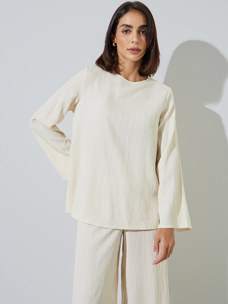 Cream Textured Long Top and Wide-Leg Trousers Modest Set