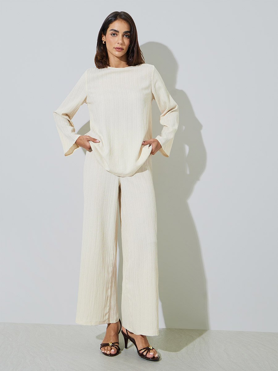 Cream Textured Long Top and Wide-Leg Trousers Modest Set
