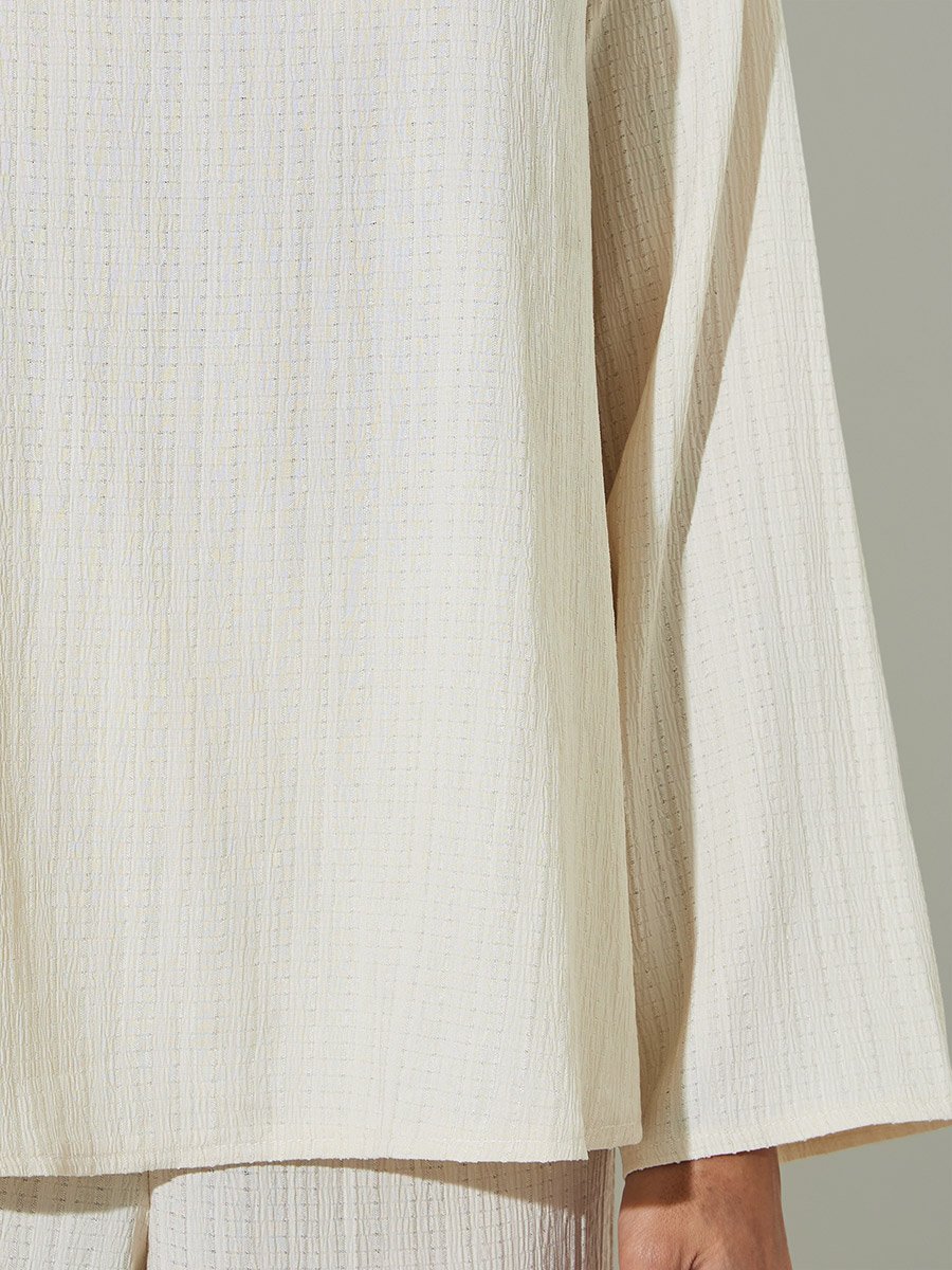 Cream Textured Long Top and Wide-Leg Trousers Modest Set