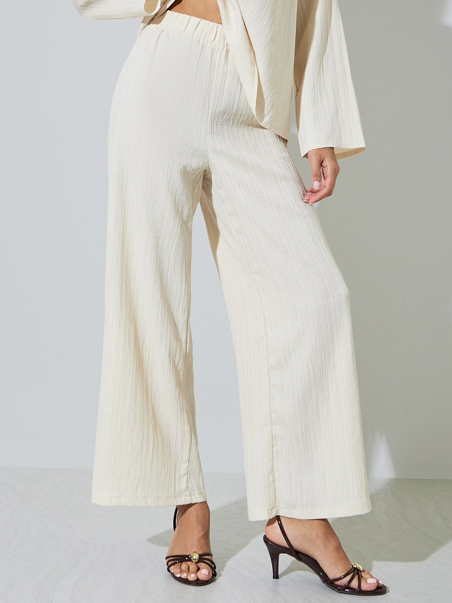 Cream Textured Long Top and Wide-Leg Trousers Modest Set