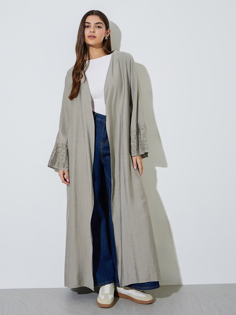 Grey Embroidered Sleeve Open Front Abaya