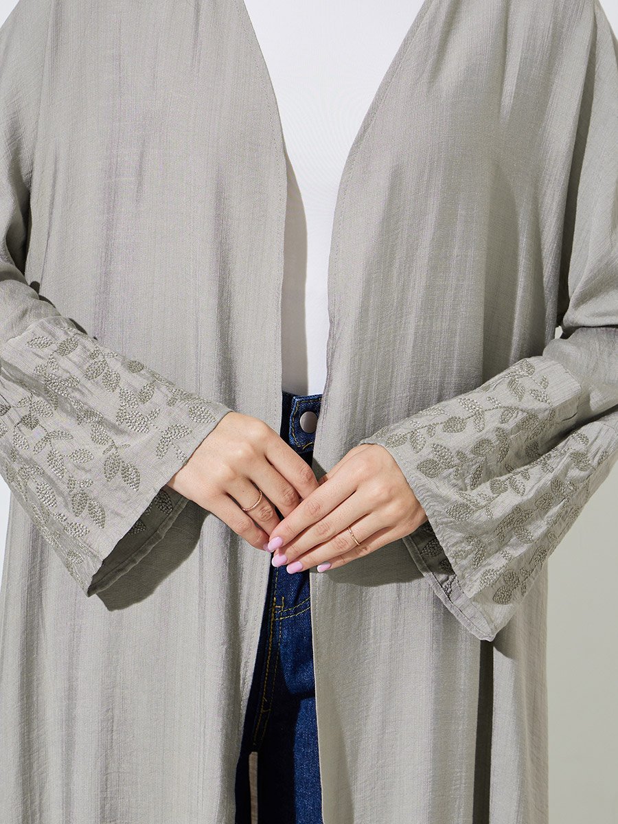 Grey Embroidered Sleeve Open Front Abaya