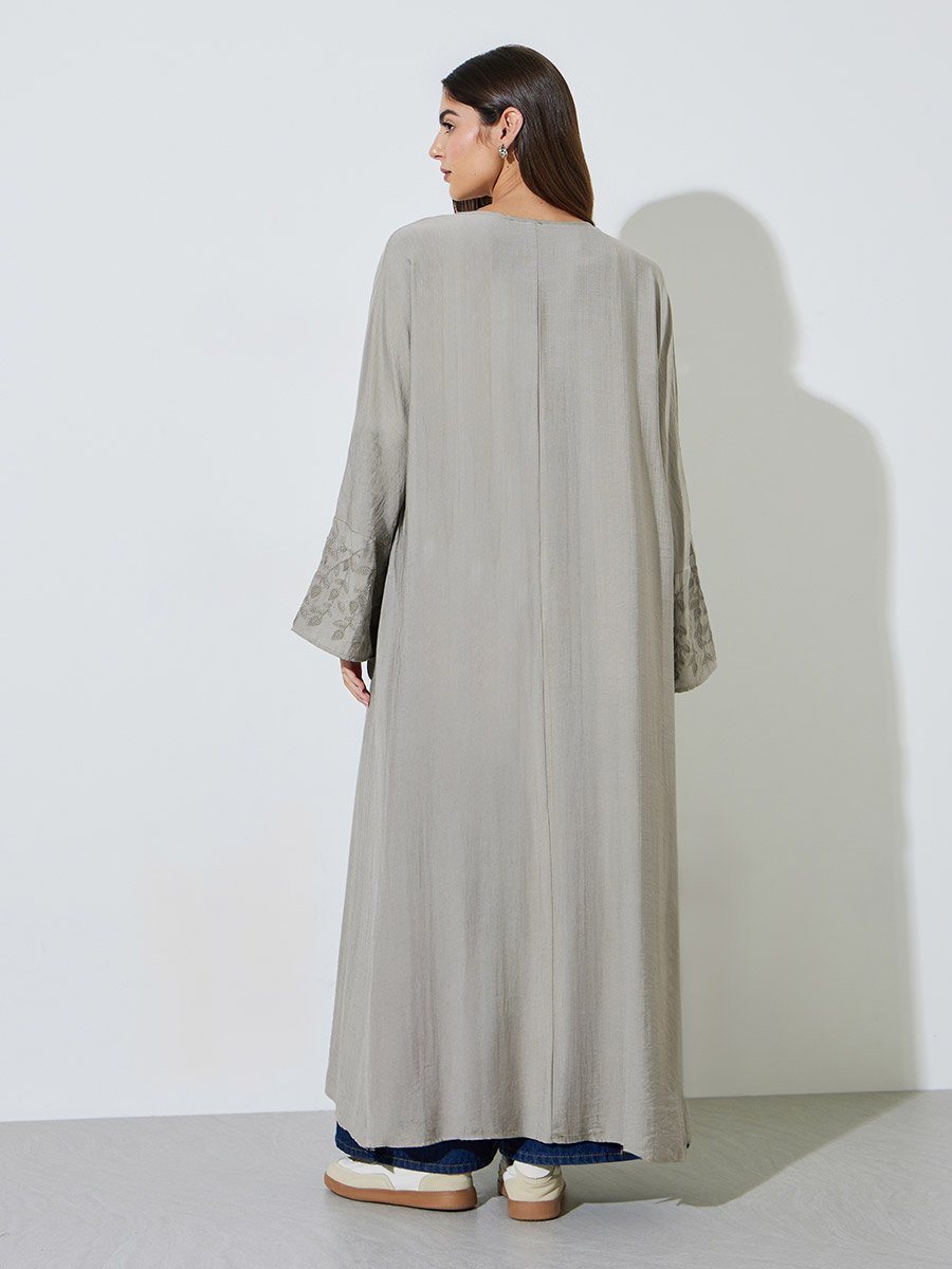 Grey Embroidered Sleeve Open Front Abaya