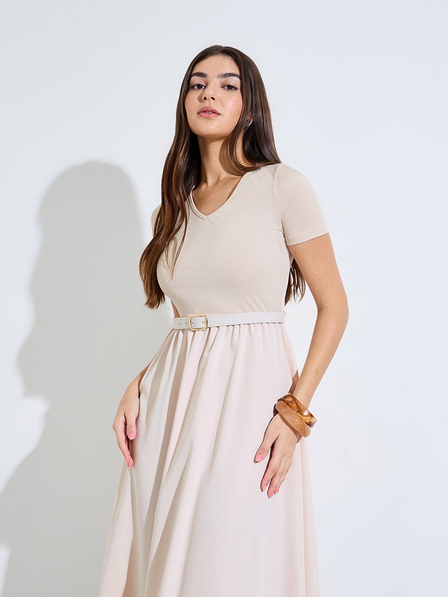Cream Cut-Work A-Line Maxi Dress with Buckle Belt