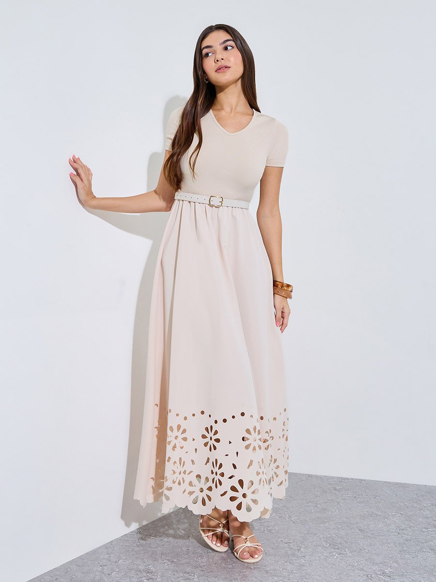 Cream Cut-Work A-Line Maxi Dress with Buckle Belt