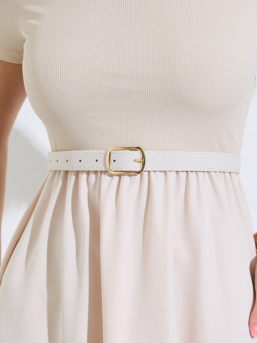 Cream Cut-Work A-Line Maxi Dress with Buckle Belt