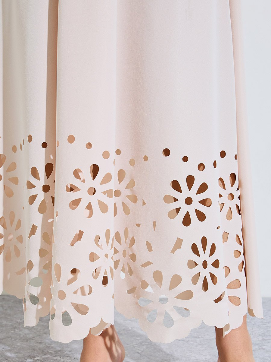 Cream Cut-Work A-Line Maxi Dress with Buckle Belt