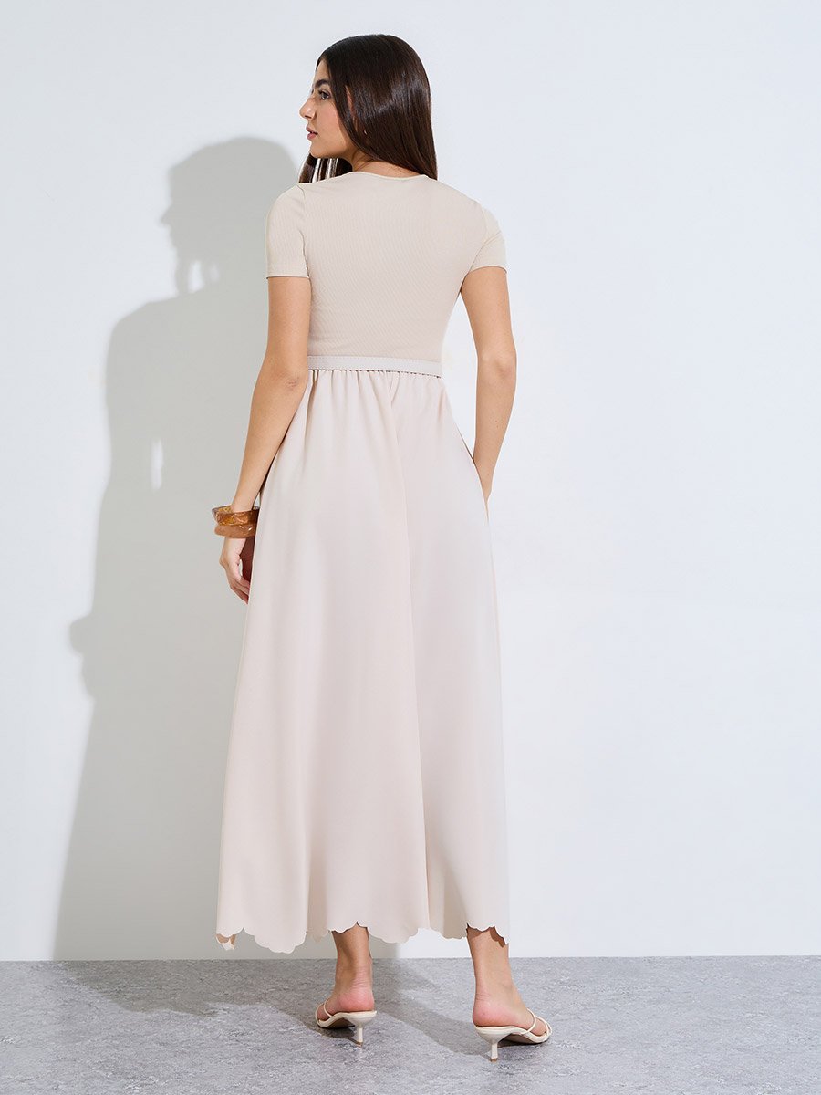 Cream Cut-Work A-Line Maxi Dress with Buckle Belt