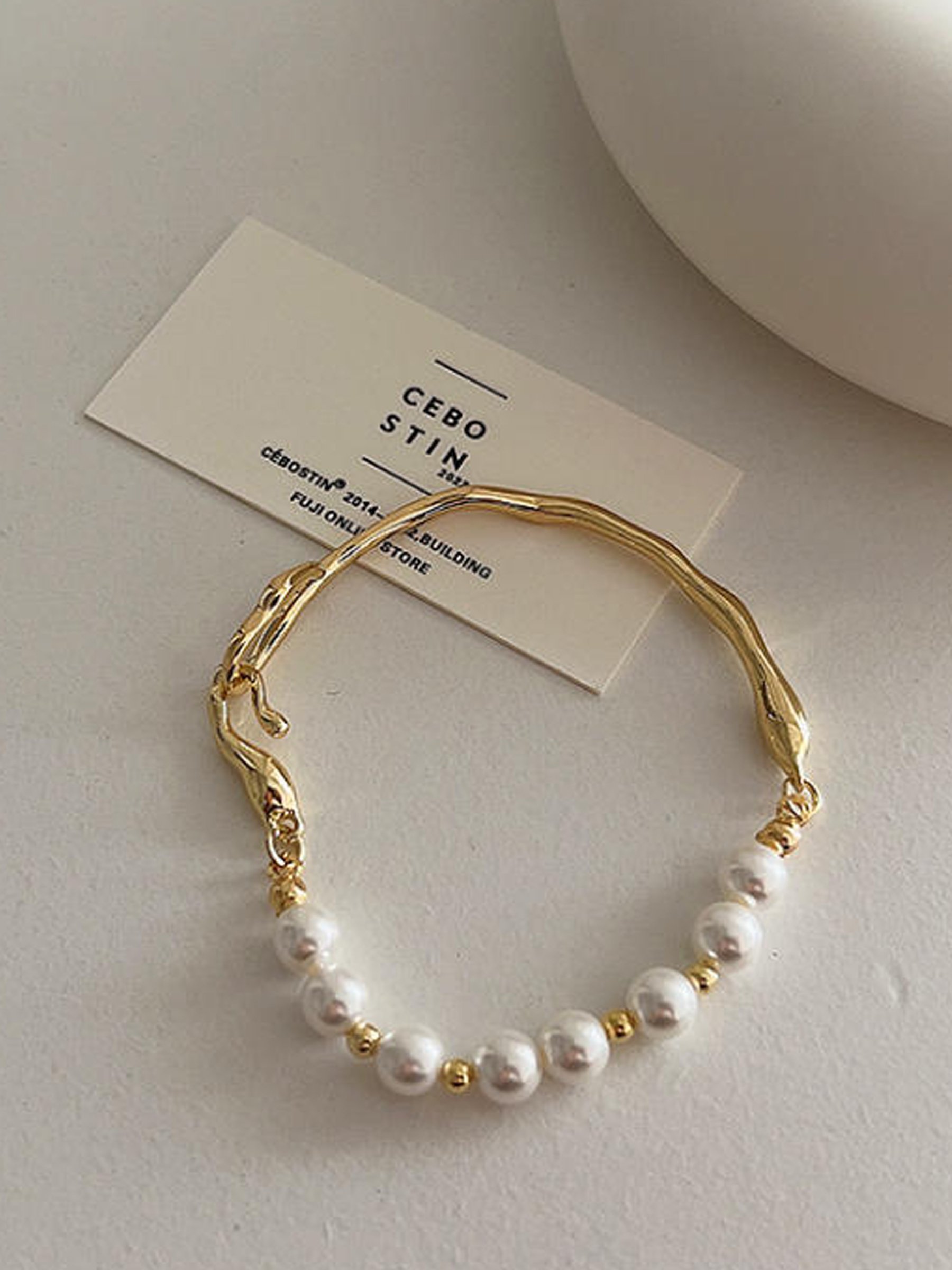 Gold Cuff Bracelet with Faux Pearls