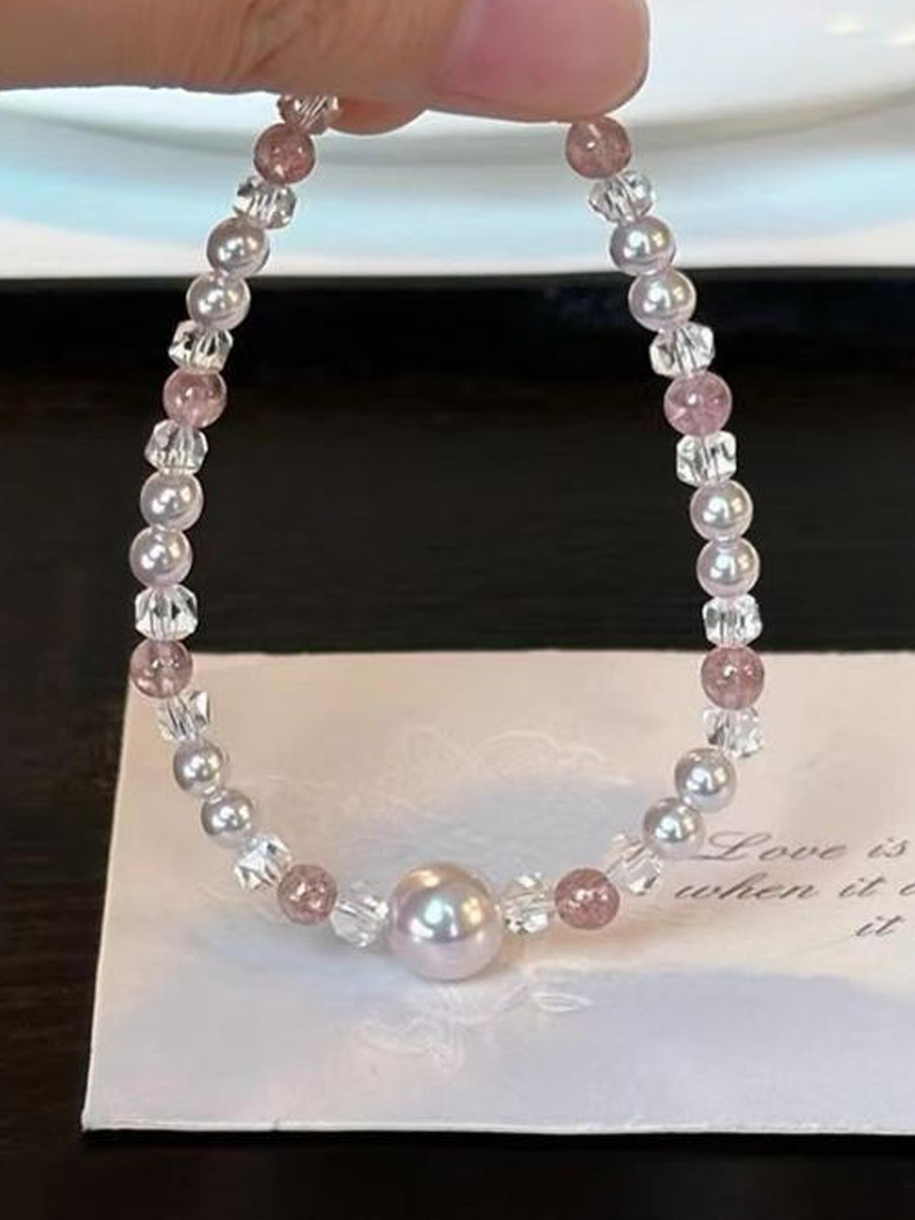 Pearl and Strawberry Quartz Beaded Bracelet