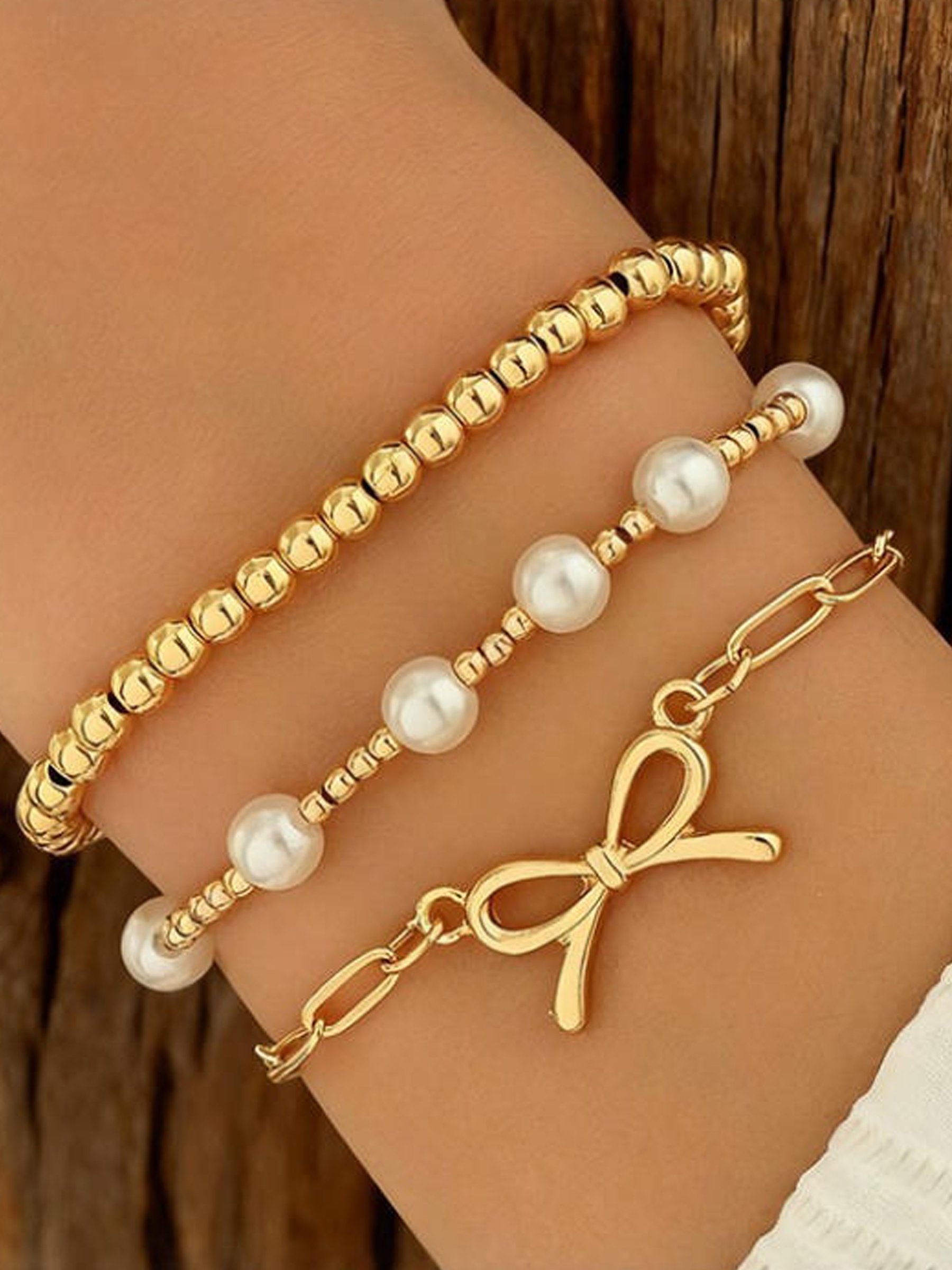 Pack of 3 - Gold Tone Faux Pearl Bracelet