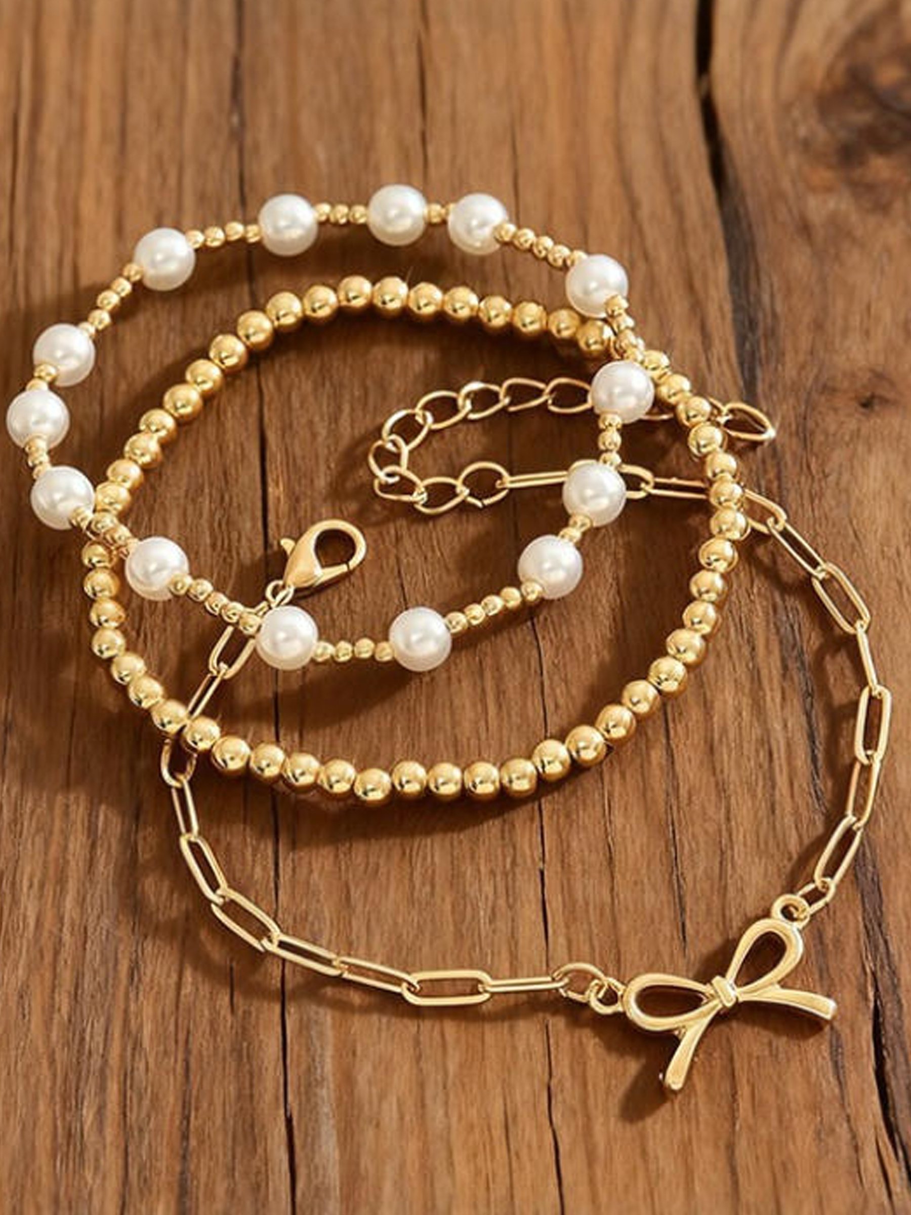 Pack of 3 - Gold Tone Faux Pearl Bracelet