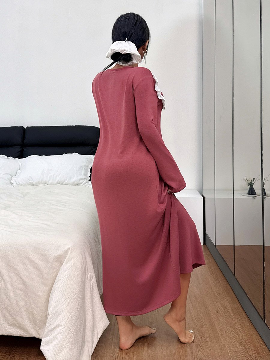Burgundy Long Sleeve Nightdress with Lace Trim