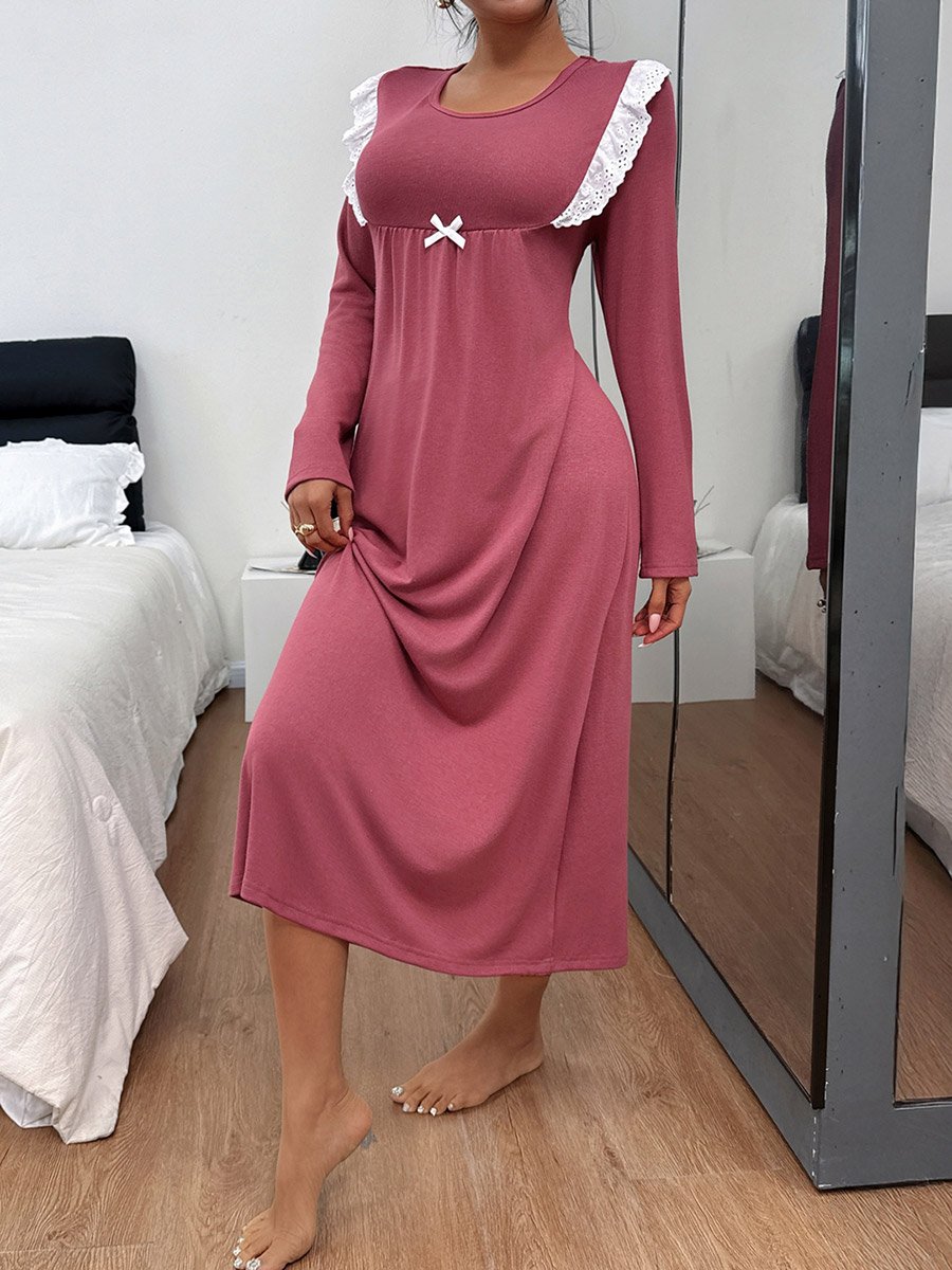 Burgundy Long Sleeve Nightdress with Lace Trim