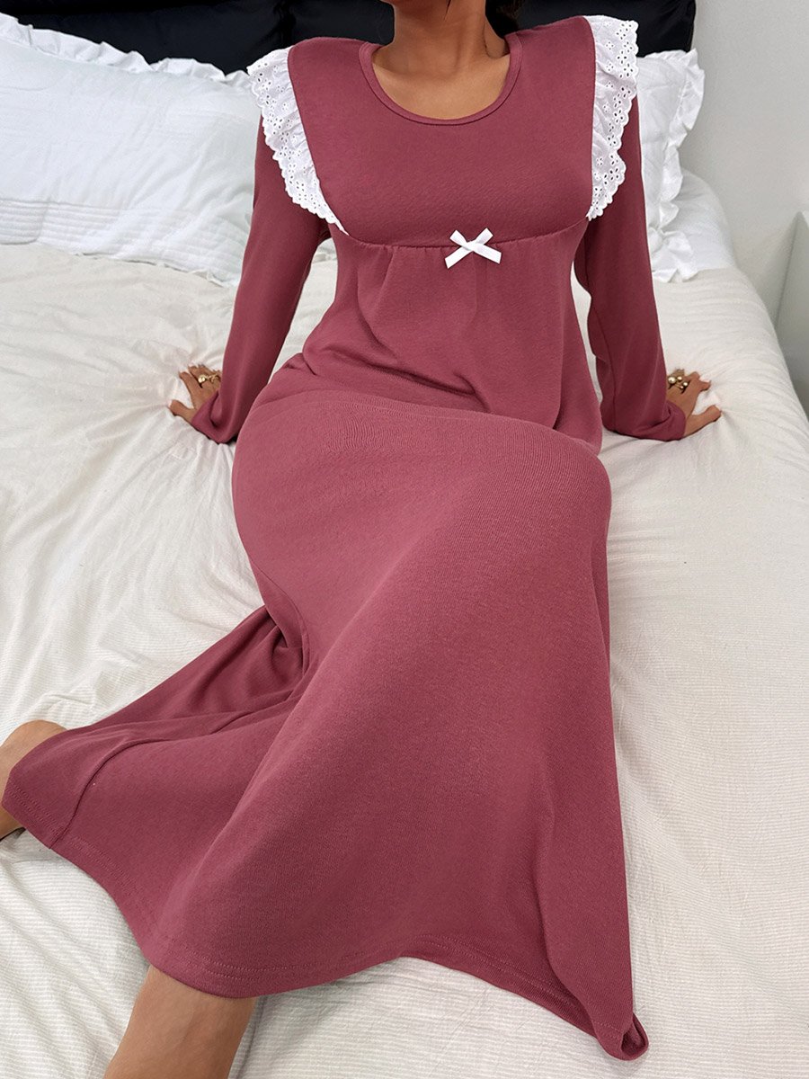Burgundy Long Sleeve Nightdress with Lace Trim