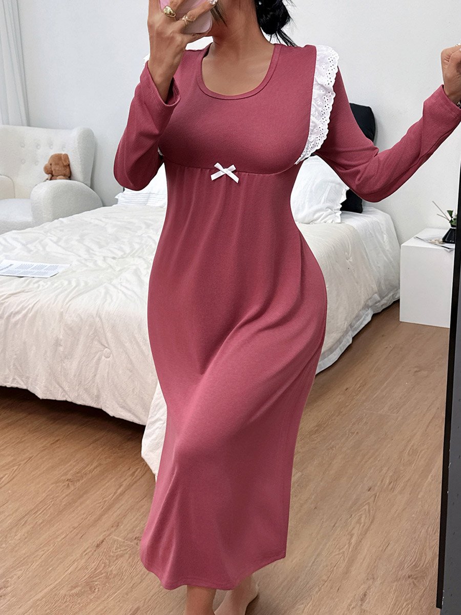 Burgundy Long Sleeve Nightdress with Lace Trim