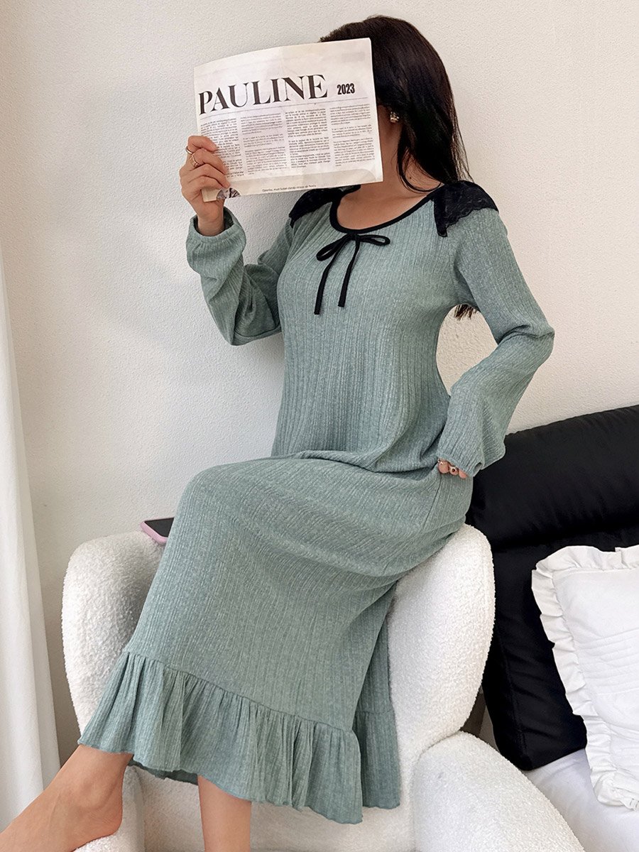 Blue Textured Ruffled Hem Nightdress