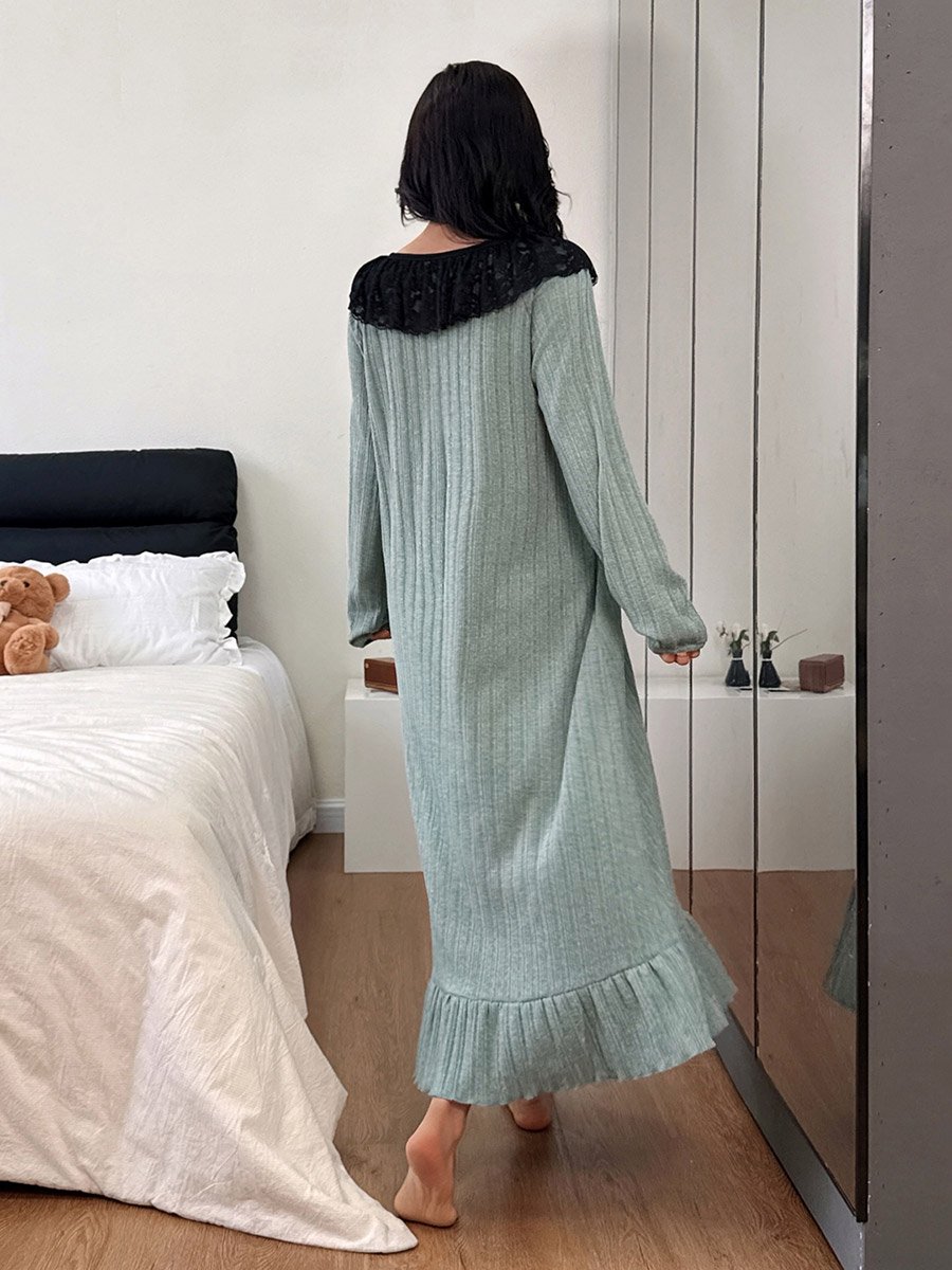 Blue Textured Ruffled Hem Nightdress