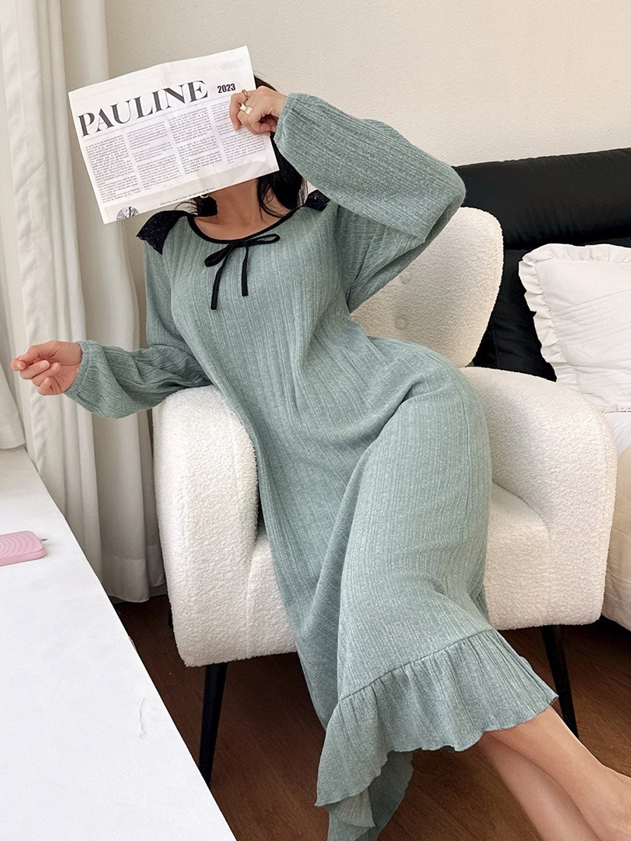 Blue Textured Ruffled Hem Nightdress