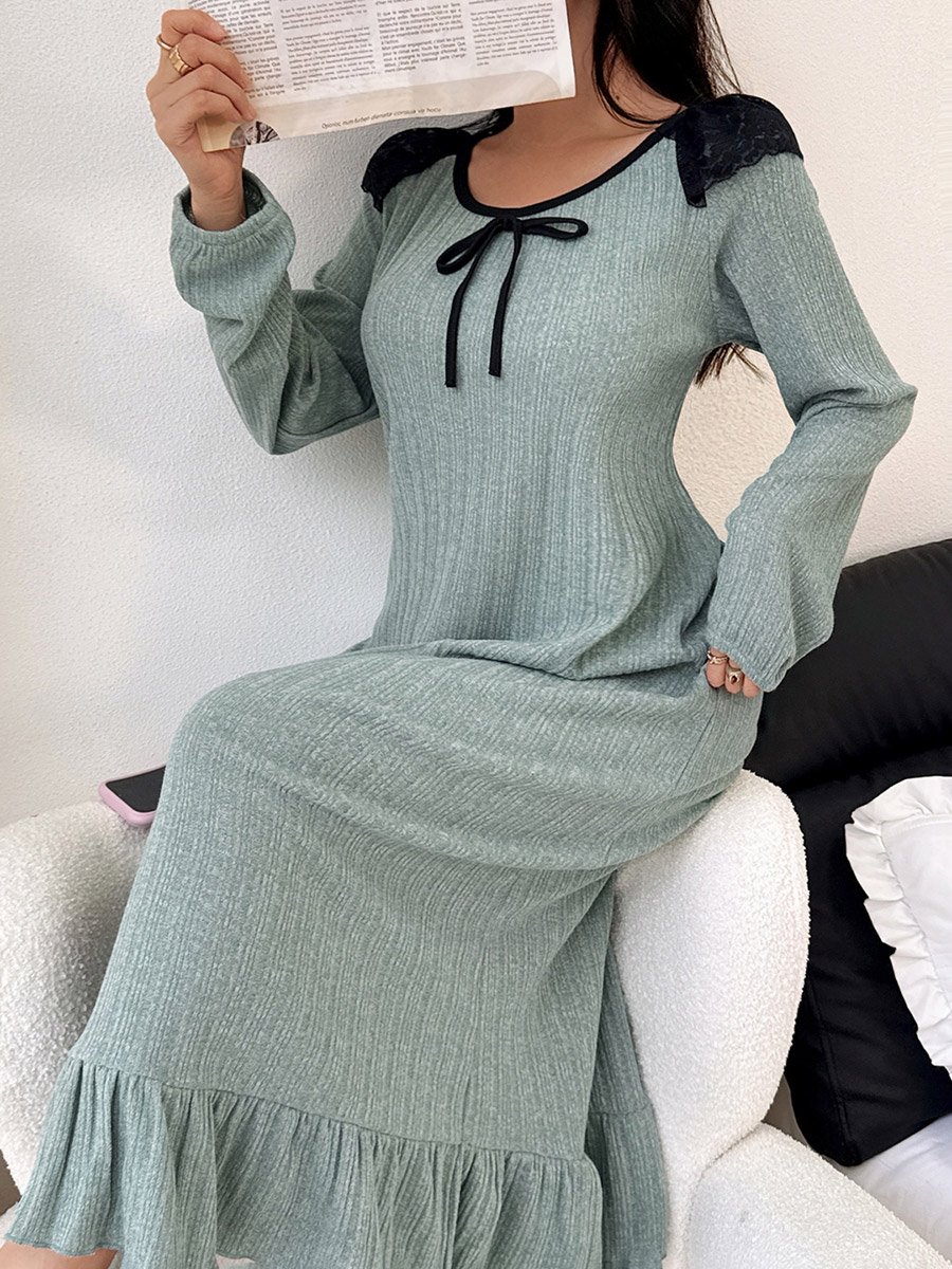 Blue Textured Ruffled Hem Nightdress