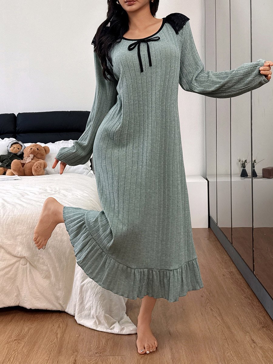 Blue Textured Ruffled Hem Nightdress