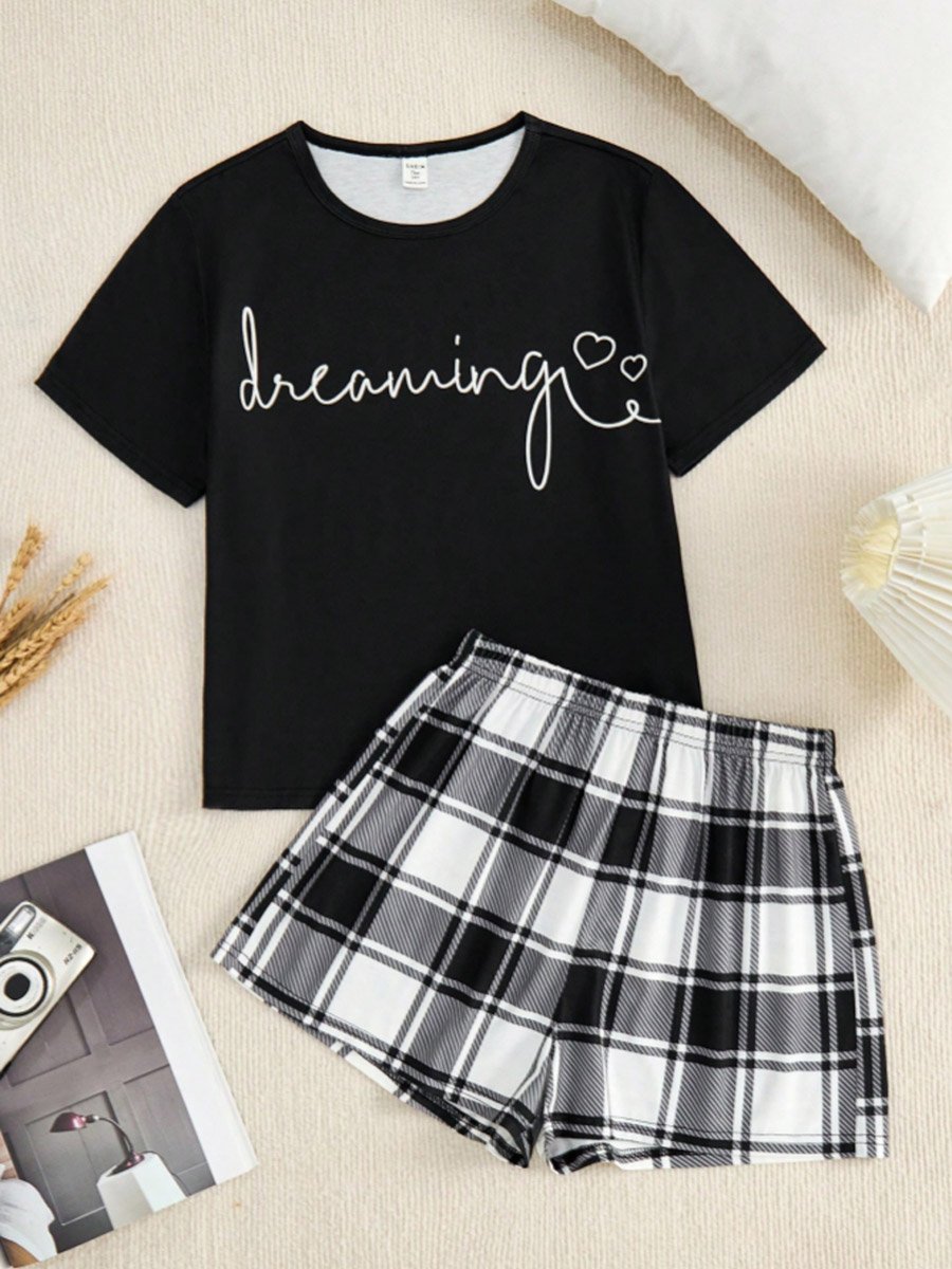 Black Slogan T-Shirt Plaid Shorts Set