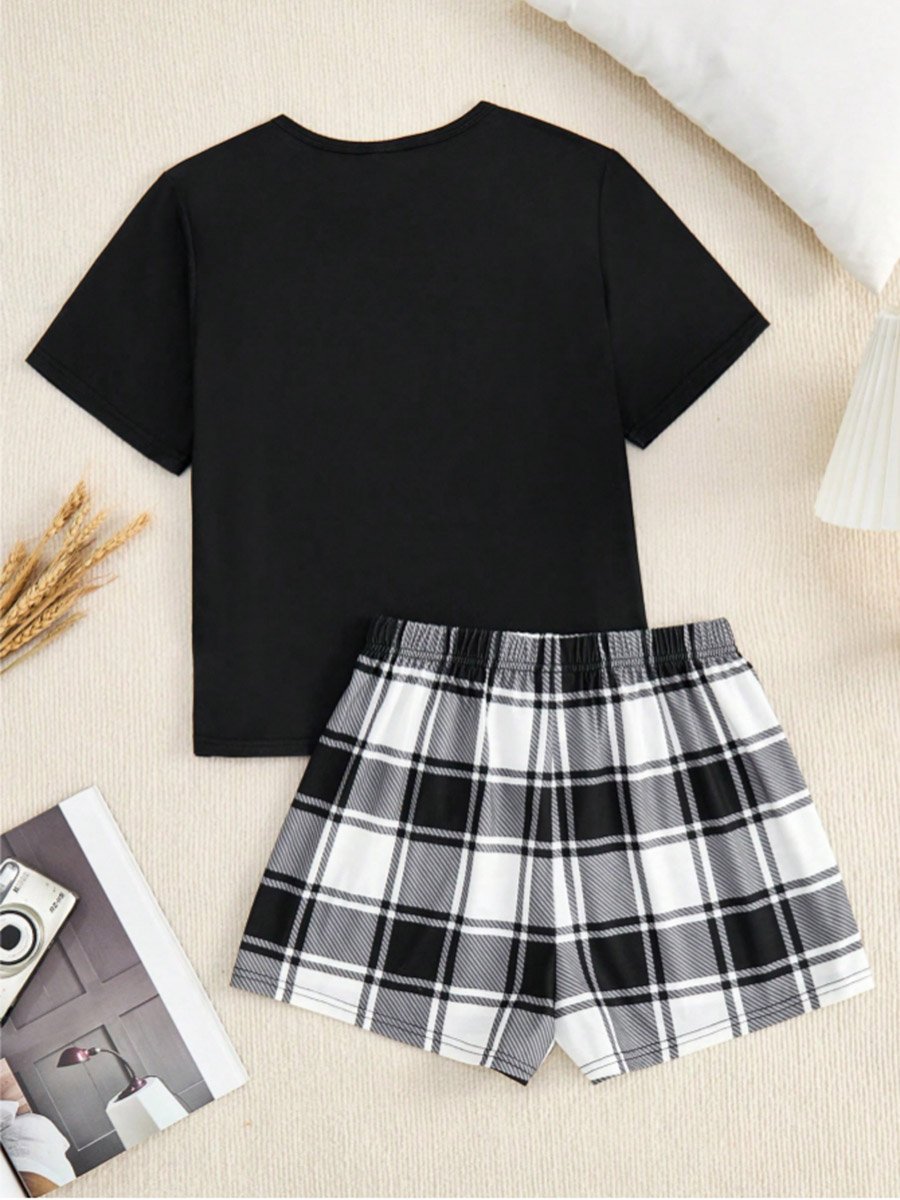 Black Slogan T-Shirt Plaid Shorts Set