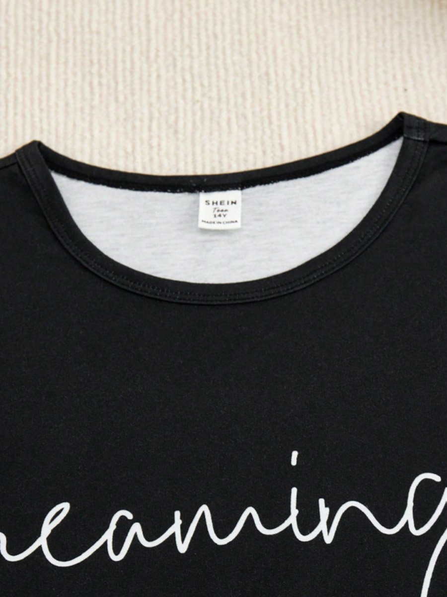 Black Slogan T-Shirt Plaid Shorts Set