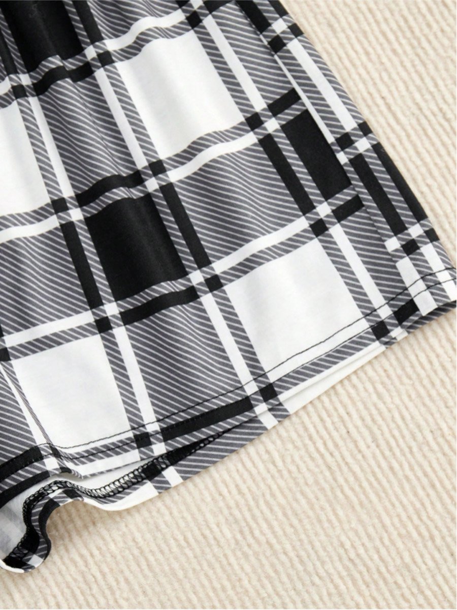 Black Slogan T-Shirt Plaid Shorts Set