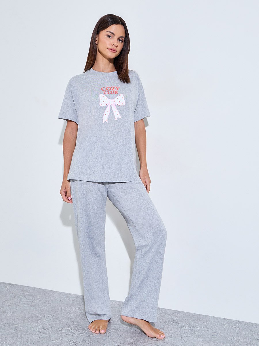Grey Bow Print Drop Shoulder T-Shirt and Pyjama Set