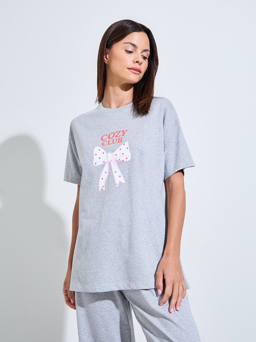 Grey Bow Print Drop Shoulder T-Shirt and Pyjama Set