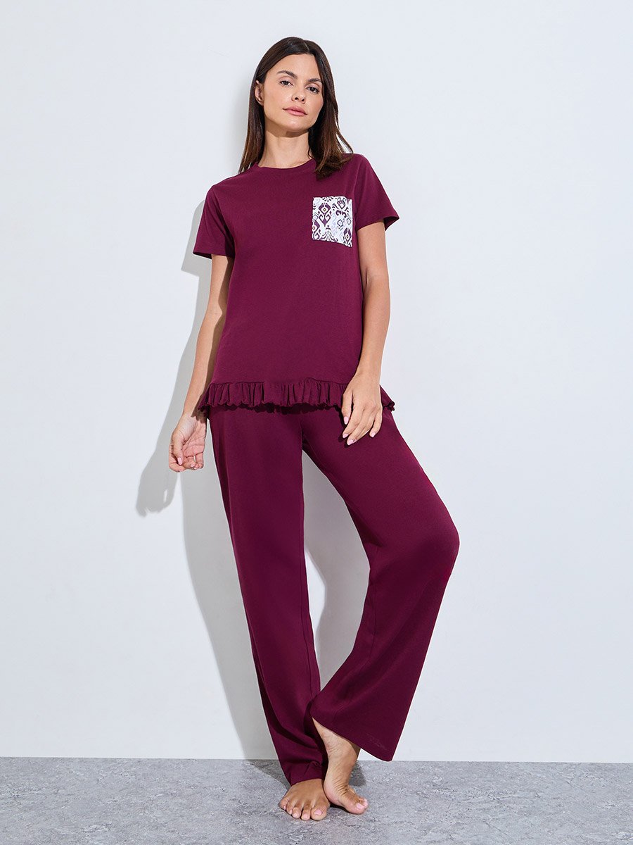 Burgundy Ikat Print Pocket Ruffle Hem T-Shirt and Pyjama Set