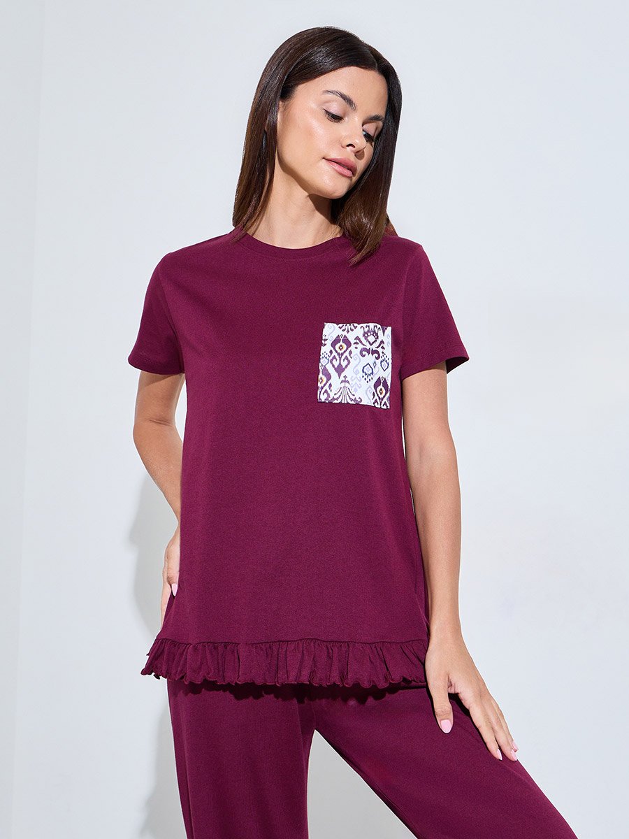 Burgundy Ikat Print Pocket Ruffle Hem T-Shirt and Pyjama Set