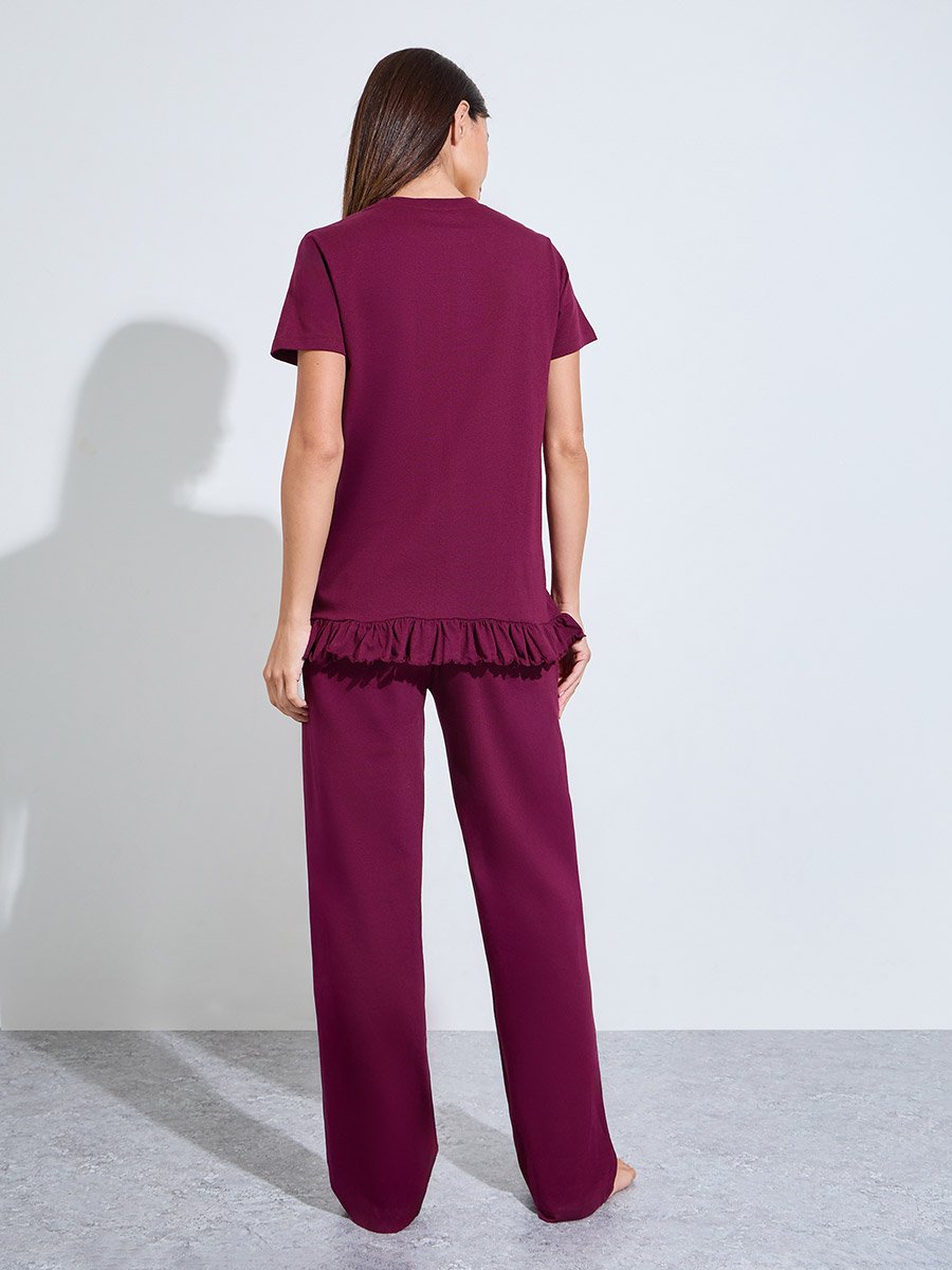 Burgundy Ikat Print Pocket Ruffle Hem T-Shirt and Pyjama Set