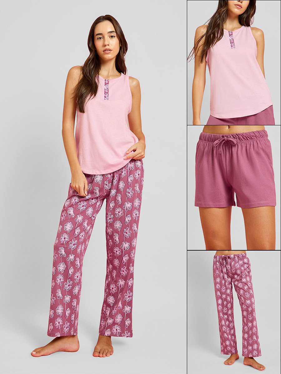 Pack of 3 - Floral Placket Vest, Shorts and Pyjama Set