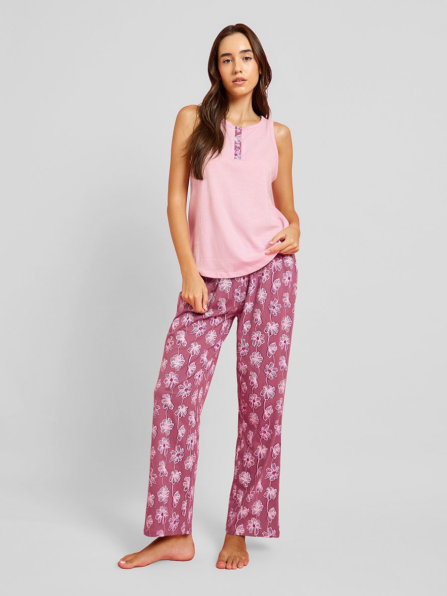 Pack of 3 - Floral Placket Vest, Shorts and Pyjama Set