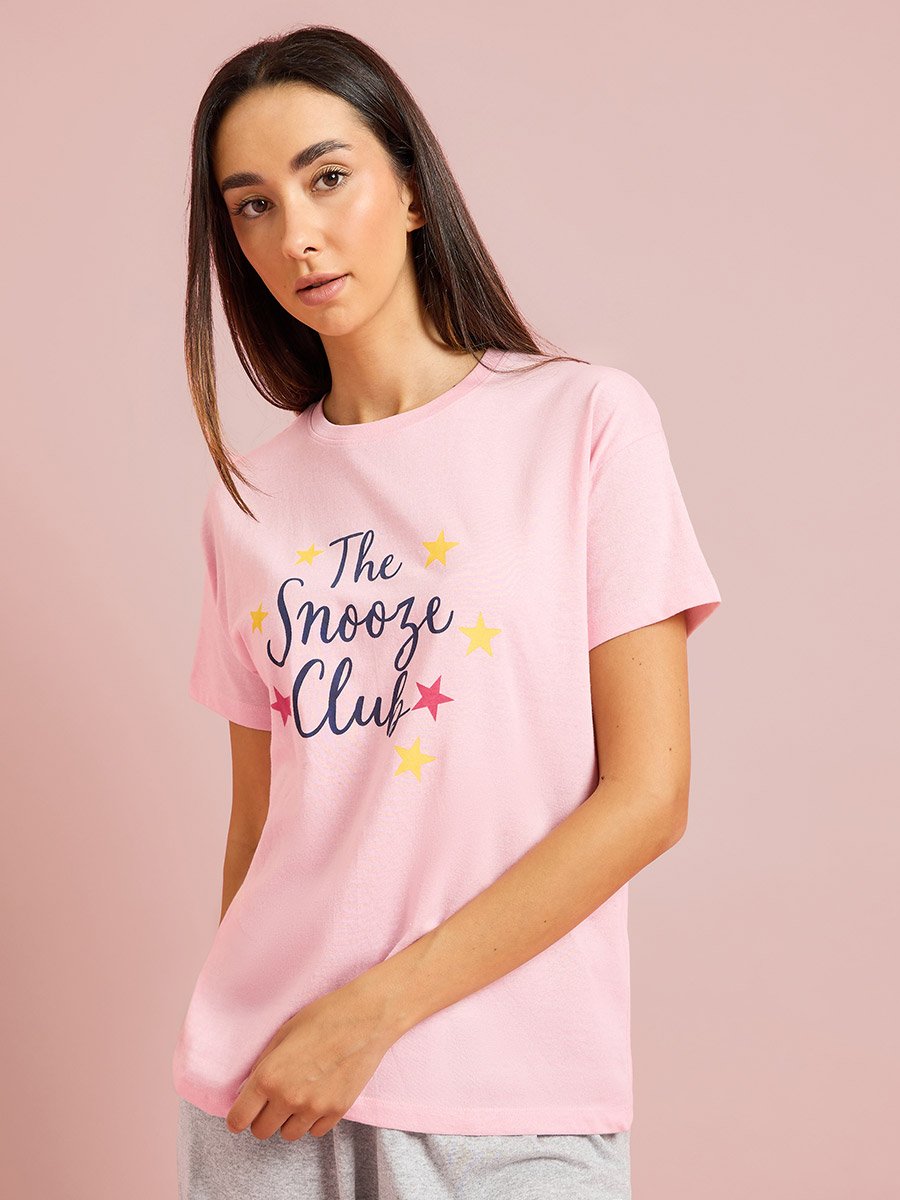 Pink Text Print Print Cotton Blend T-Shirt and Pyjama Set