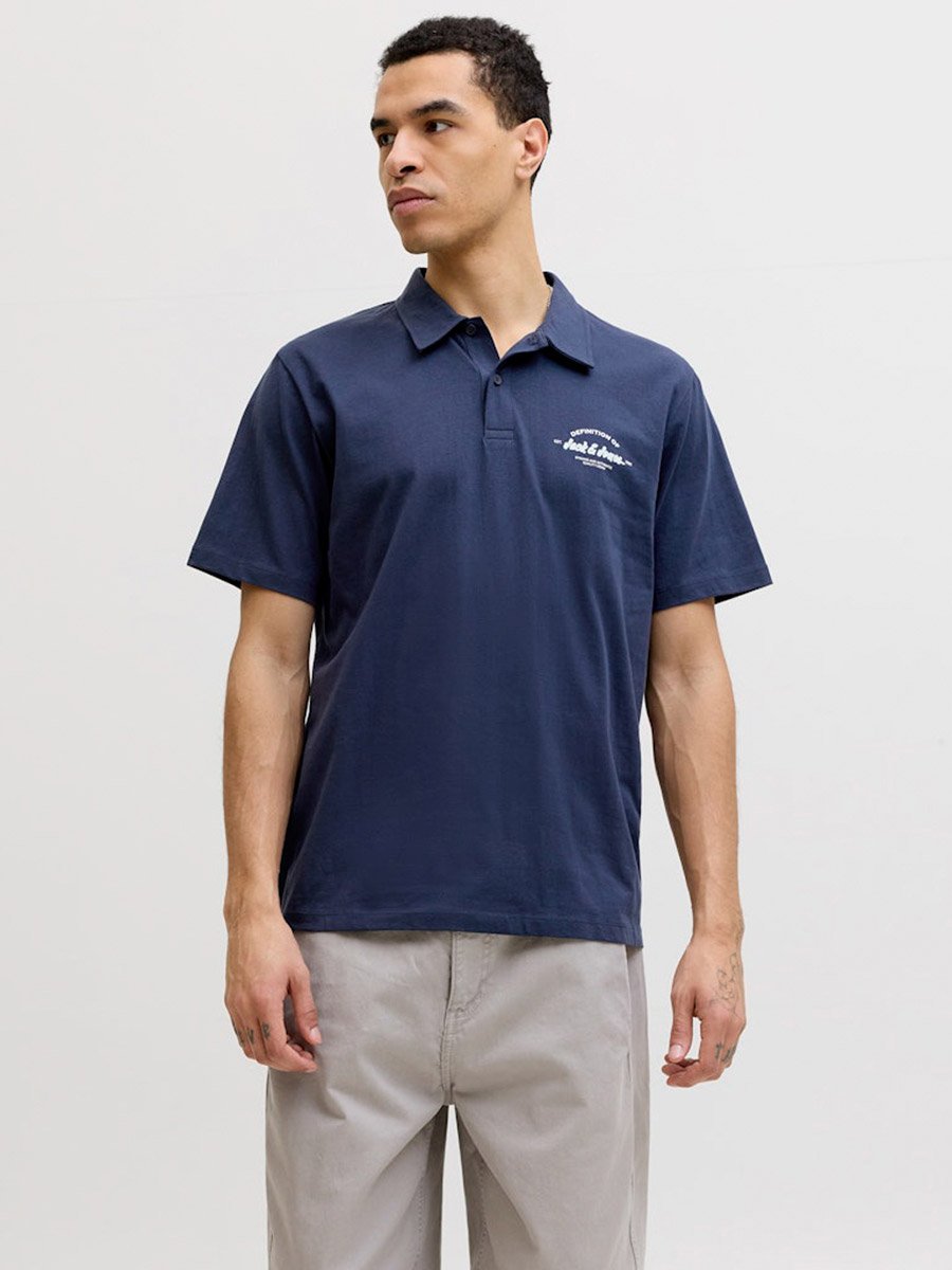 Men Navy Blue Cotton Polo with Zipper