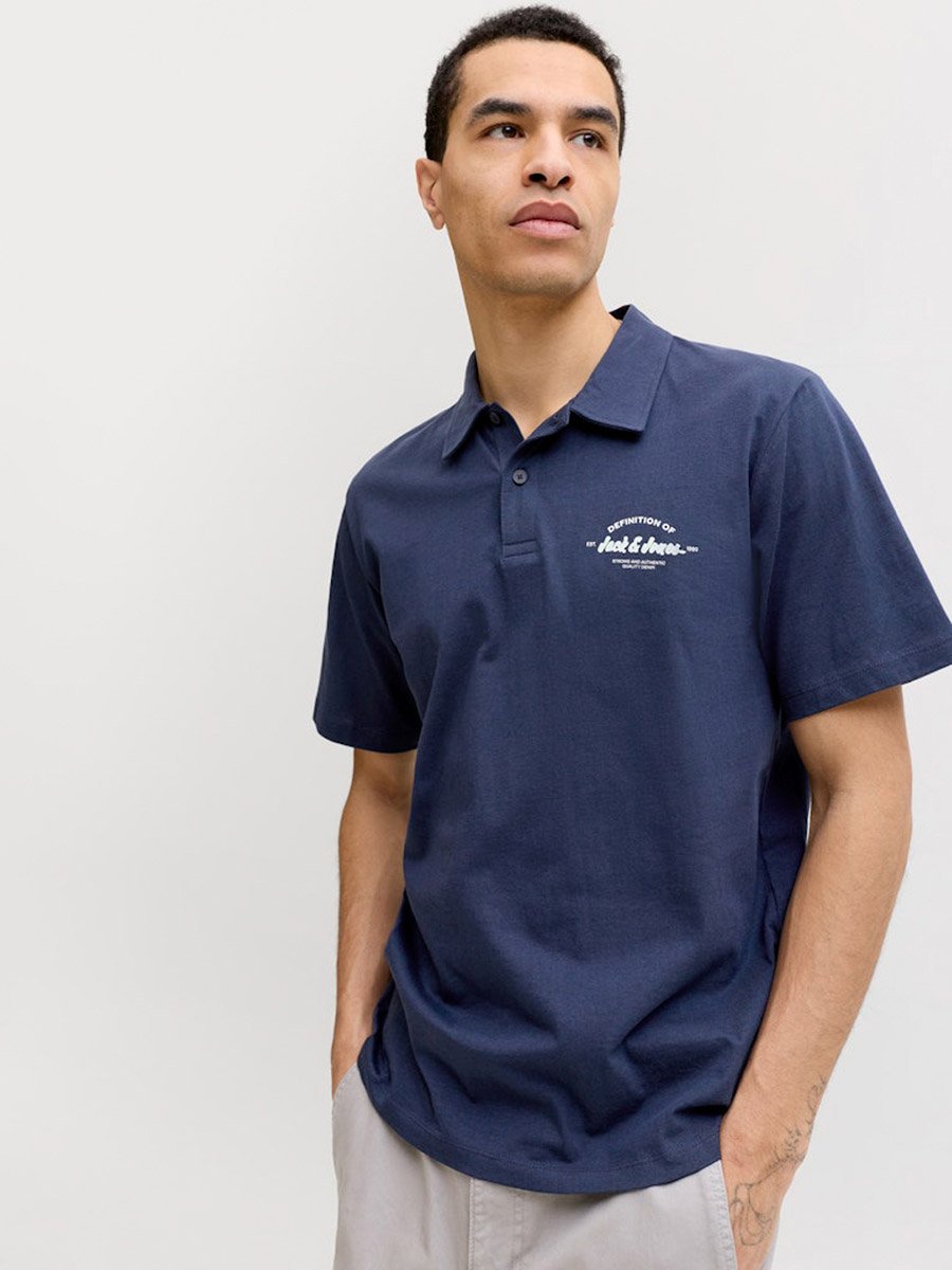 Men Navy Blue Cotton Polo with Zipper