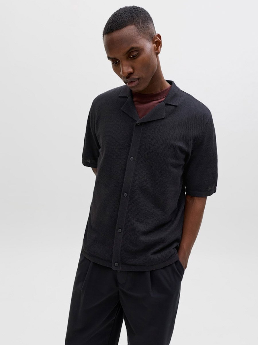 Men Black Textured Cotton Polo
