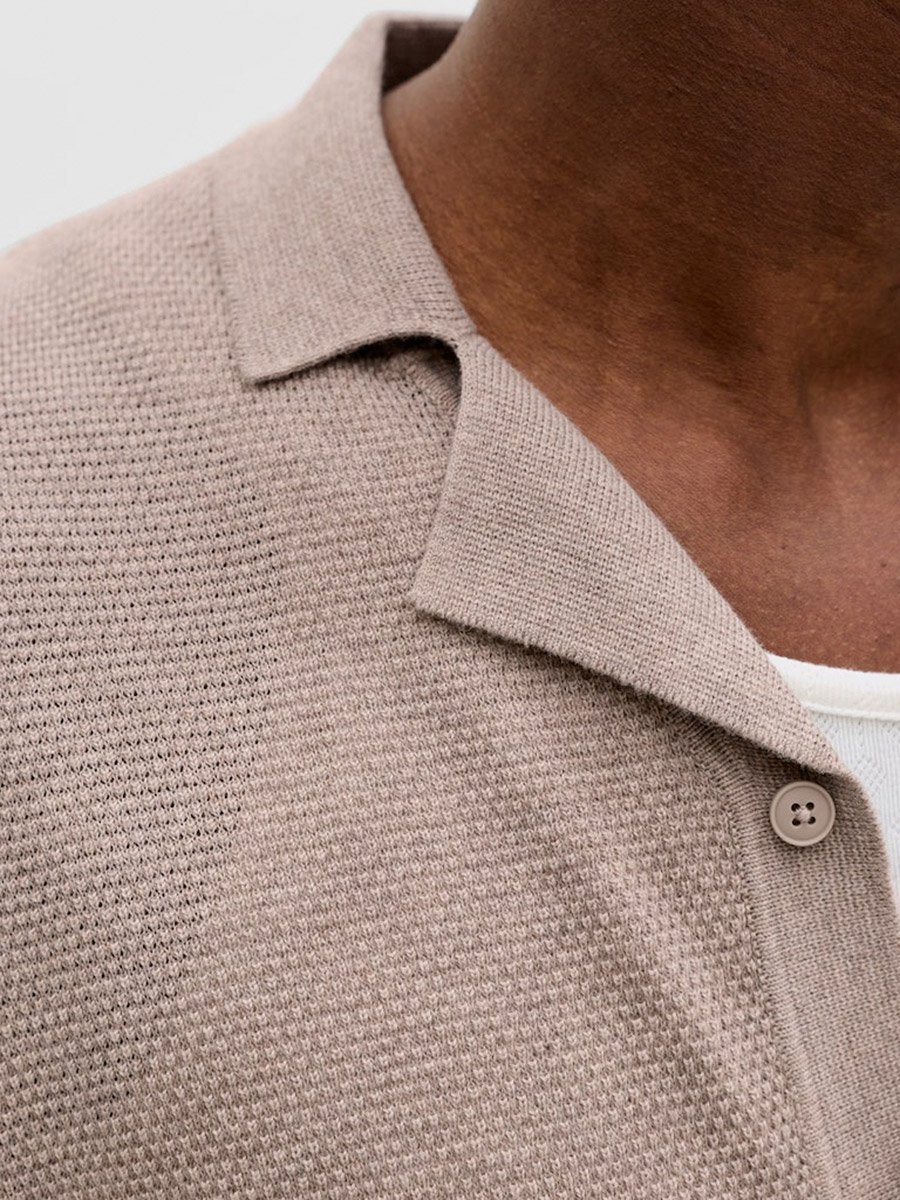Men Brown Textured Knit Short Sleeve Polo