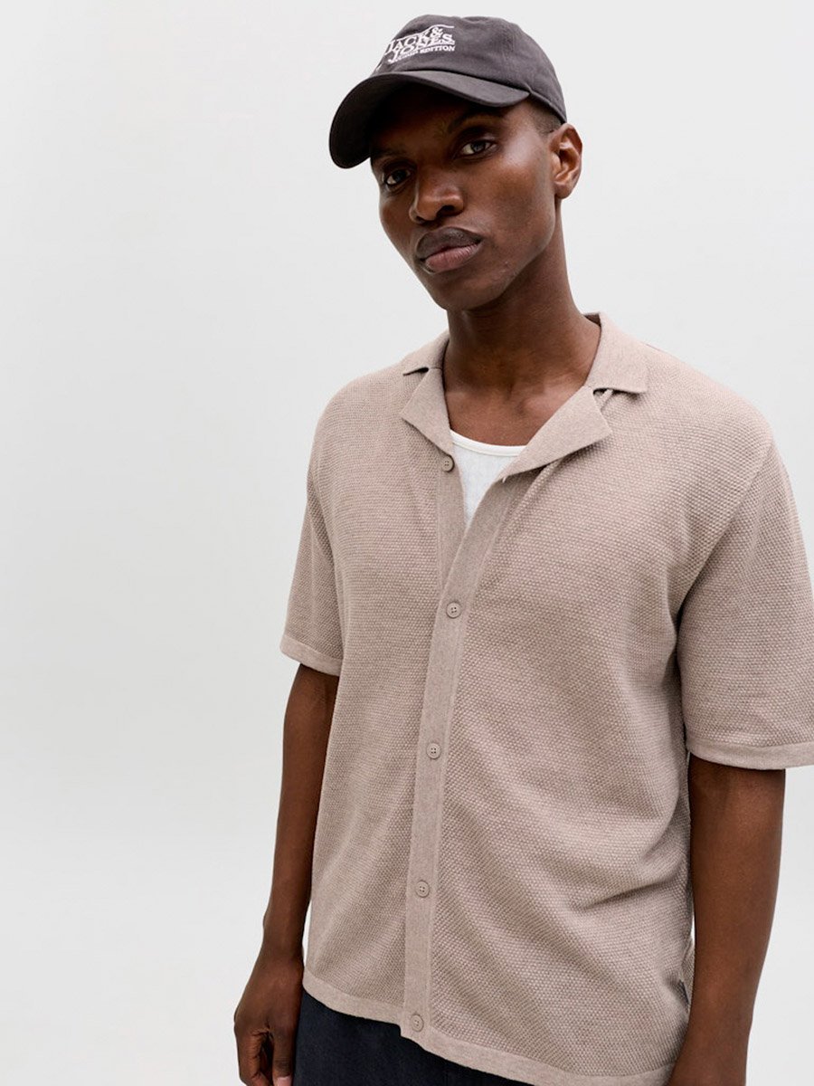 Men Brown Textured Knit Short Sleeve Polo